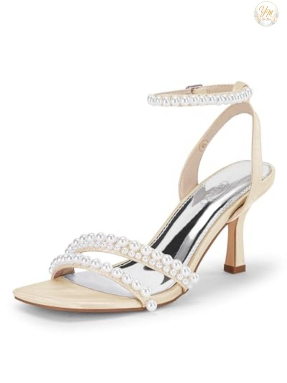 Pearl Kitten Heel Satin Sandals Square Open Toe Ankle Strap Dress Heels